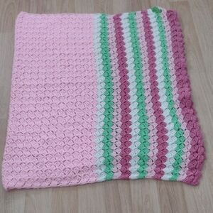 Crocheted Afgan 63" L 33" W Pink Green & White Diamond Pattern  Vintage
